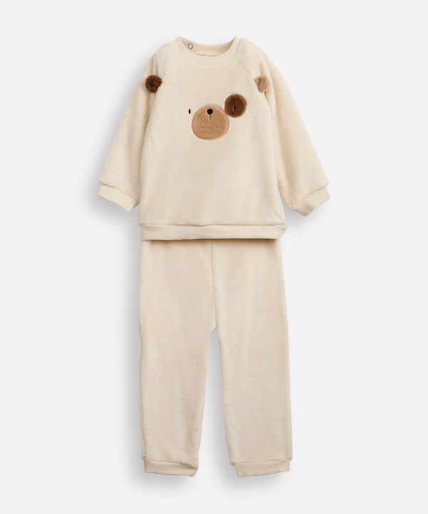 conjunto infantil longo de fleece ursinho bege 18-24