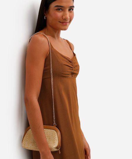 vestido midi feminino com linho e recorte marrom P vestido midi feminino com linho e recorte marrom P