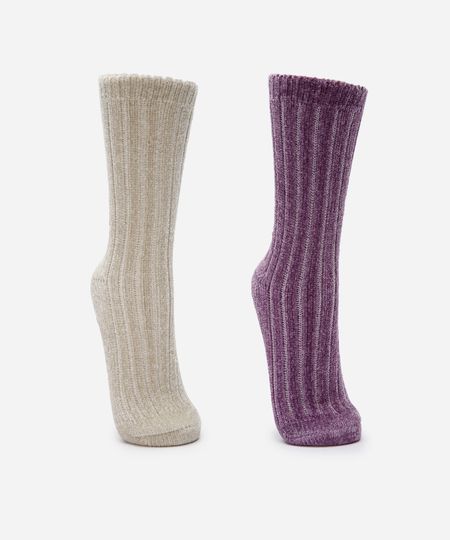 kit de 2 meias femininas de tricot cano alto com antiderrapante colorida 34-39