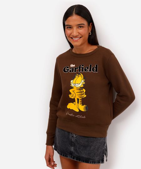 blusão feminino de moletom felpado garfield marrom PP