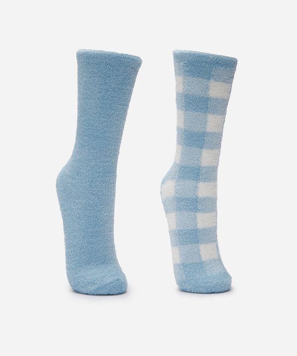 kit de 2 meias femininas cano alto estrelinha xadrez azul 34-39