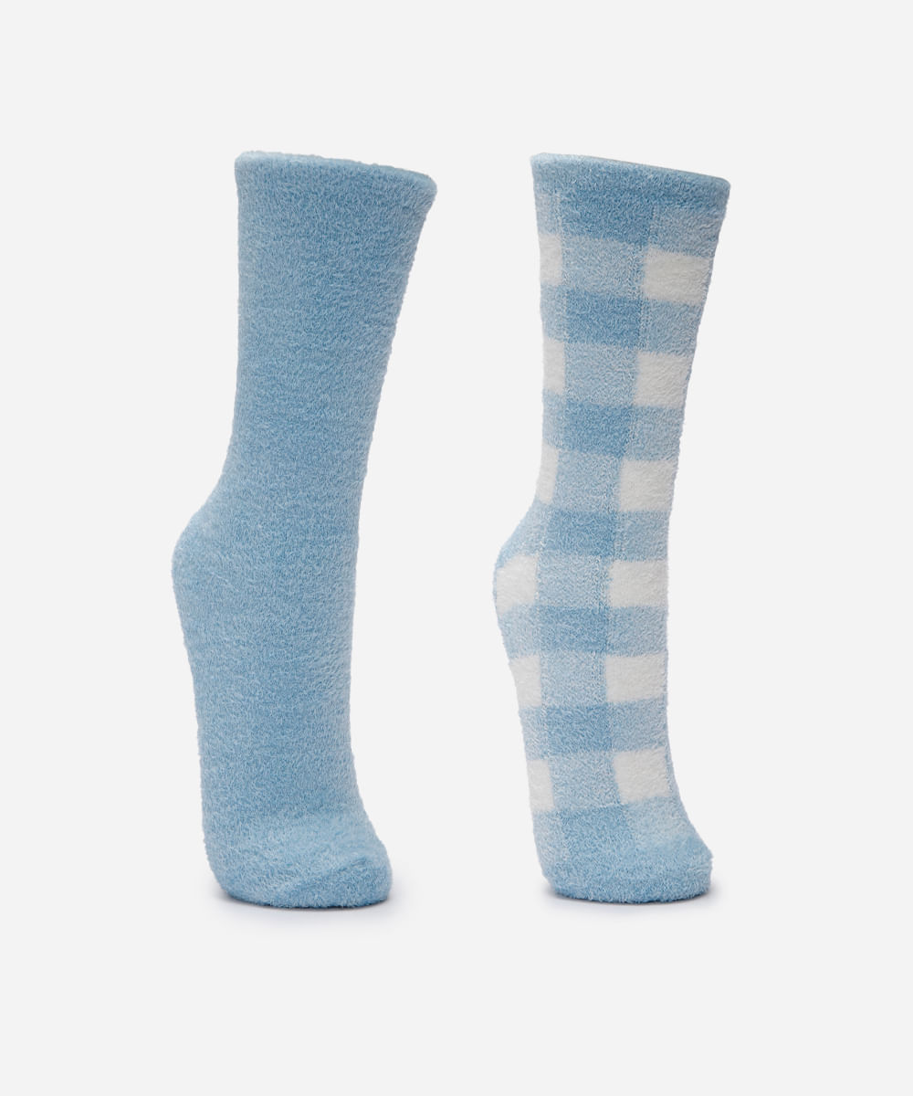 kit de 2 meias femininas cano alto estrelinha xadrez azul