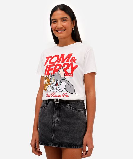 camiseta feminina de algodão tom e jerry off white P camiseta feminina de algodão tom e jerry off white P