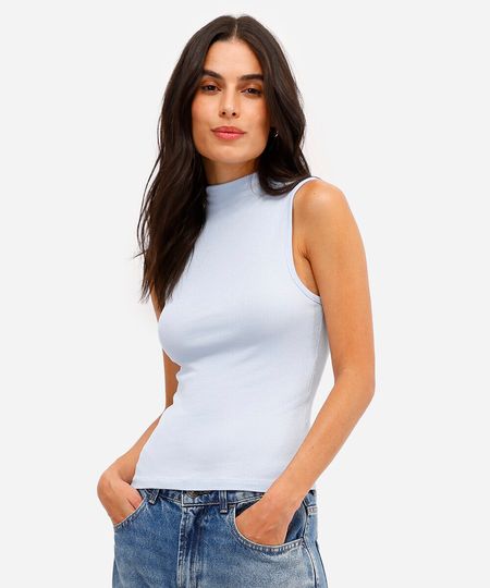 regata canelada de viscose gola alta azul P regata canelada de viscose gola alta azul P