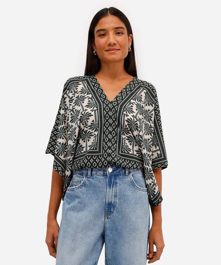 bata feminina de viscose decote v folhagens verde M