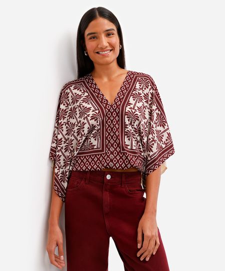 bata feminina de viscose decote v folhagens vinho PP