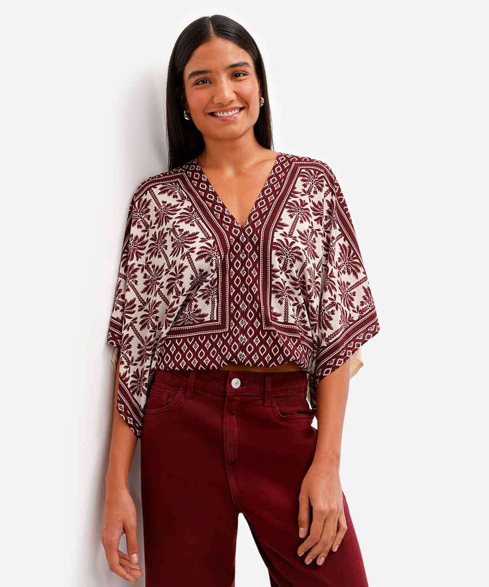 bata feminina de viscose decote v folhagens vinho