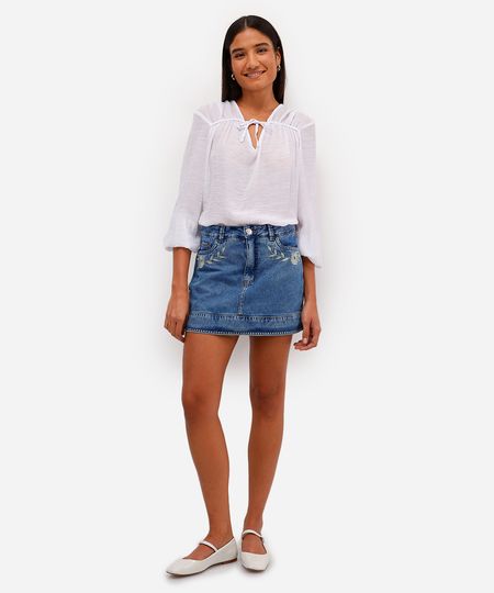 saia curta feminina jeans com bordado floral azul 36