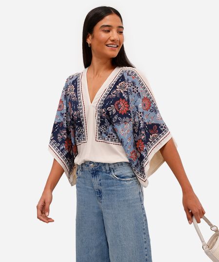 bata feminina de viscose decote v floral azul PP