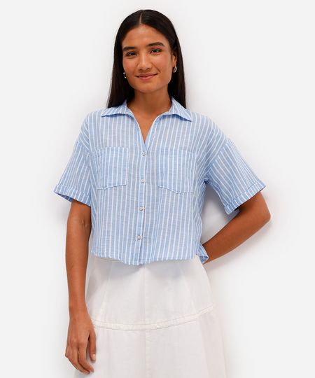 camisa feminina de algodão manga curta com bolsos listrada azul PP camisa feminina de algodão manga curta com bolsos listrada azul PP