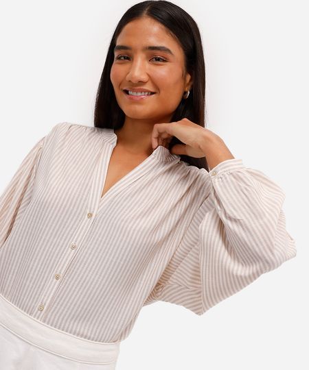 camisa feminina de algodão manga bufante listrada off white PP