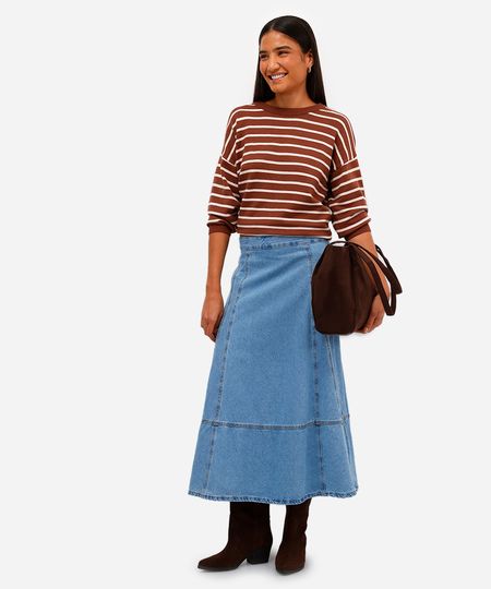 saia midi feminina jeans com recortes azul 46