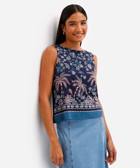 regata feminina de viscose floral azul PP