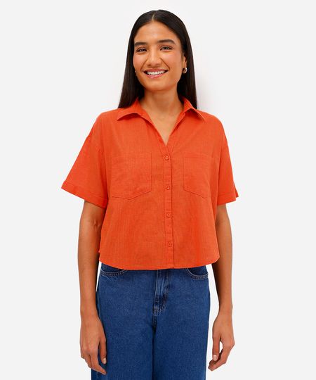 camisa feminina de algodão manga curta com bolsos laranja PP camisa feminina de algodão manga curta com bolsos laranja PP