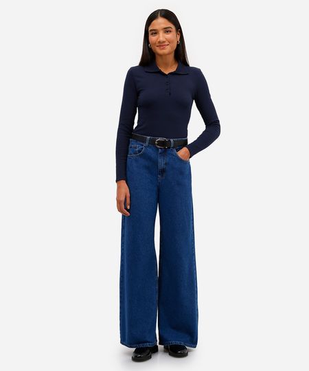 calça wide leg feminina jeans cintura alta azul 42