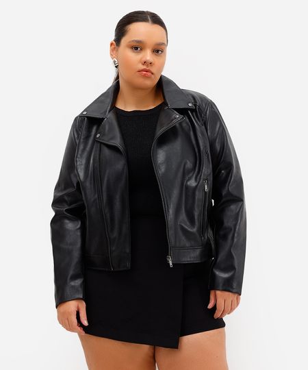 jaqueta feminina de poliuretano plus size preta GG3