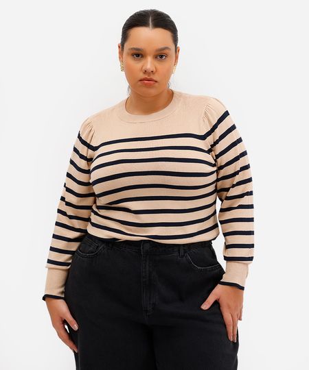 suéter de tricot manga bufante listrada plus size bege GG2