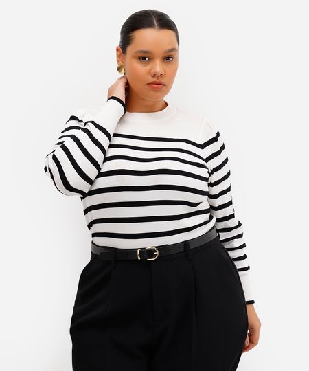 suéter de tricot manga bufante listrada plus size off white GG3