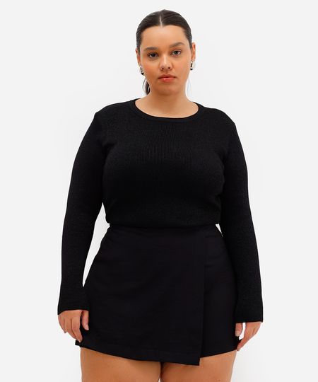 suéter feminino de tricot com lurex canelado plus size preto GG1