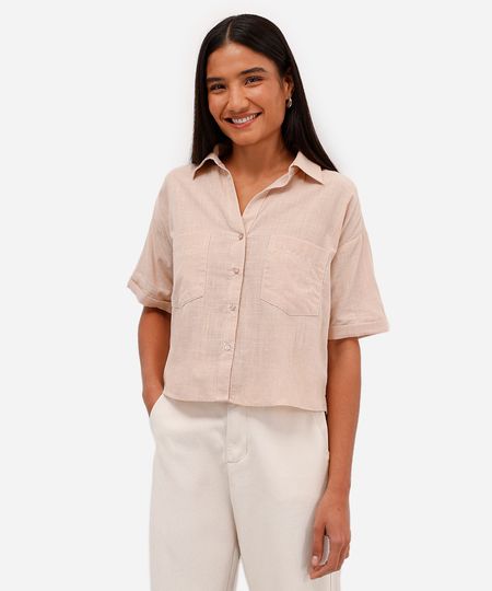 camisa feminina de algodão manga curta bege PP camisa feminina de algodão manga curta bege PP