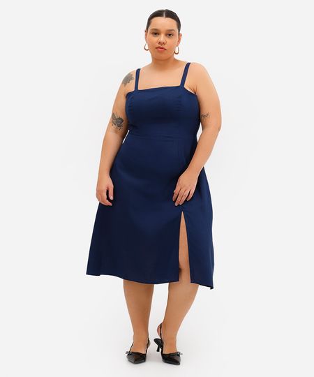 vestido feminino com linho e fenda plus size azul GG