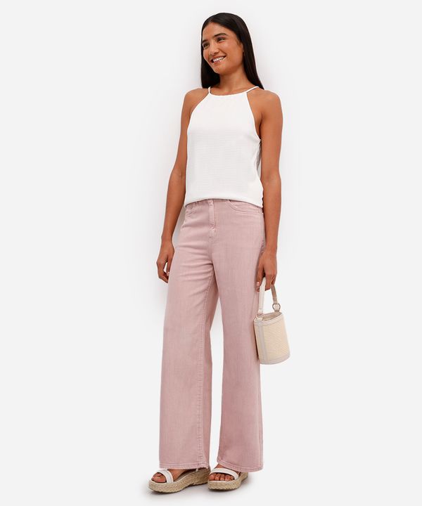 calça wide leg feminina de sarja cintura alta rosa 38