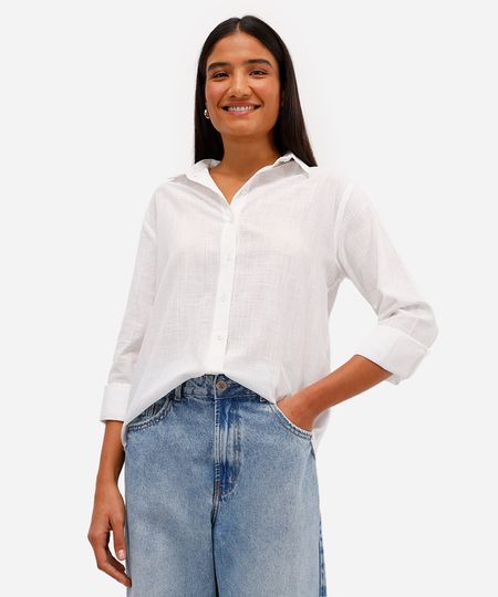 camisa feminina de algodão manga longa off white P camisa feminina de algodão manga longa off white P