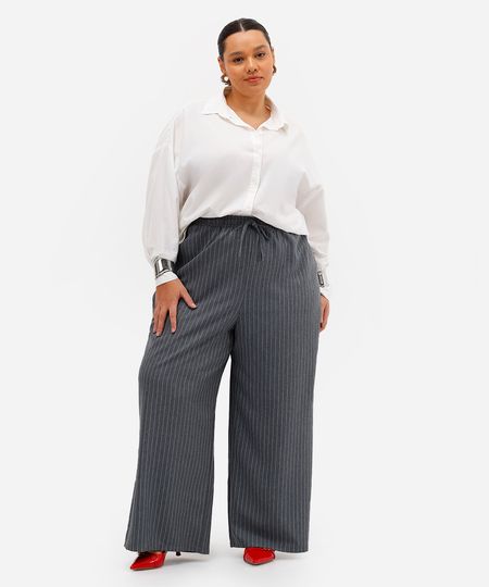 calça reta feminina risca de giz cós elástico plus size cinza 46 calça reta feminina risca de giz cós elástico plus size cinza 46