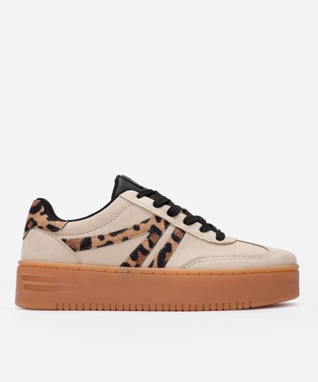 tênis plataforma casual com recortes animal print ace bege 36