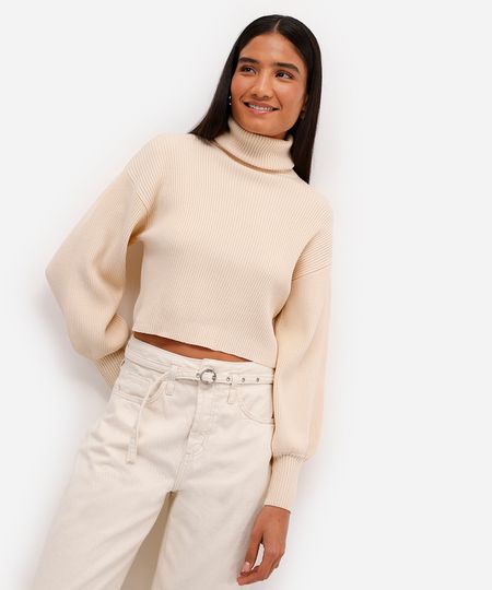 suéter de tricot canelado cropped gola alta - bege GG suéter de tricot canelado cropped gola alta - bege GG