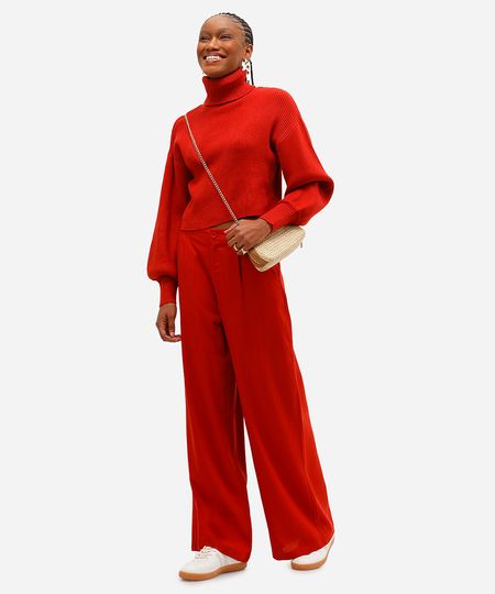 calça wide leg feminina com linho laranja 40