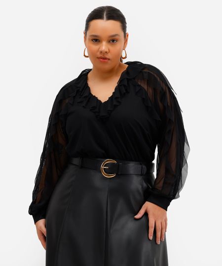 body feminino de tule manga longa com babados plus size preto GG2 body feminino de tule manga longa com babados plus size preto GG2