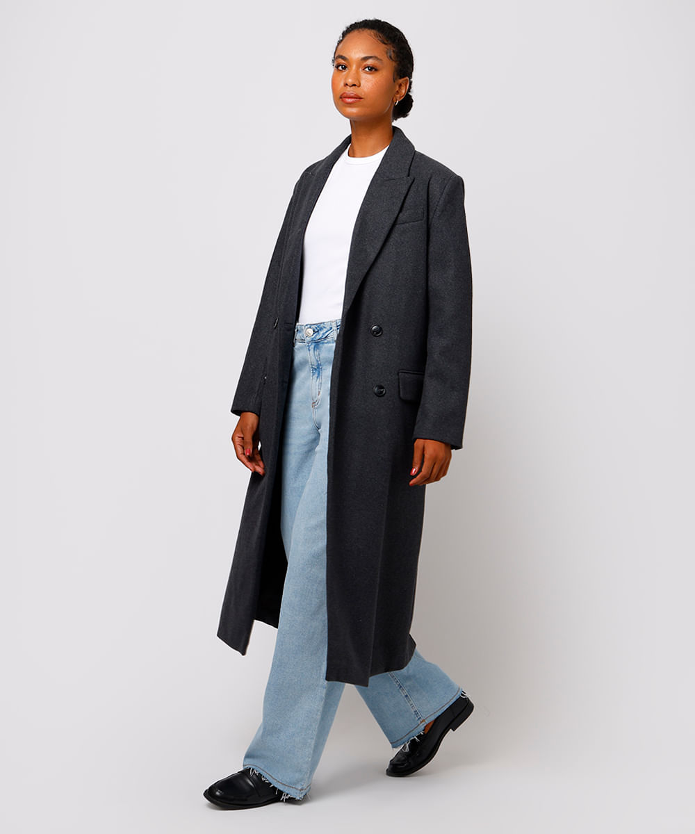 casaco longo feminino texturizado mindset cinza