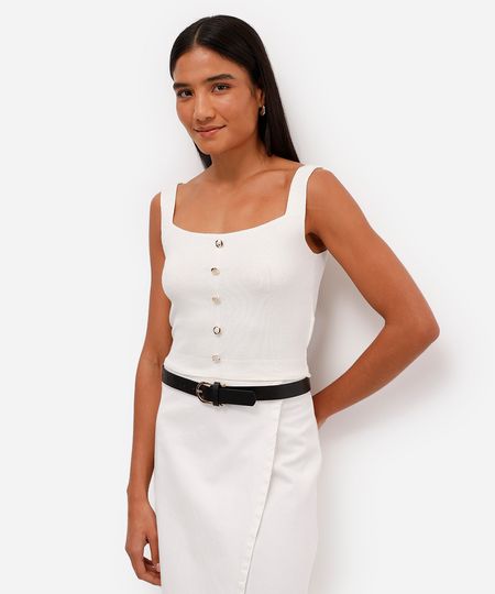 regata feminina de tricot com botões decote quadrado off white P