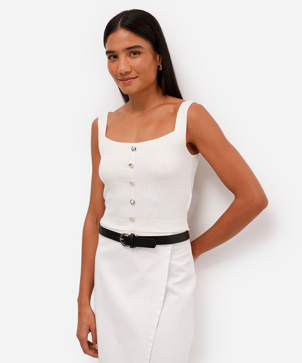 regata feminina de tricot com botões decote quadrado off white