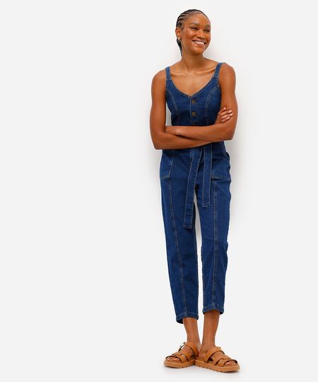 macacão feminino jeans com amarração azul G macacão feminino jeans com amarração azul G