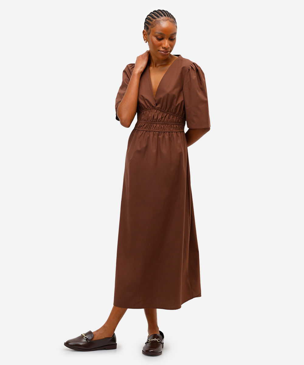 vestido midi feminino de algodão decote v marrom