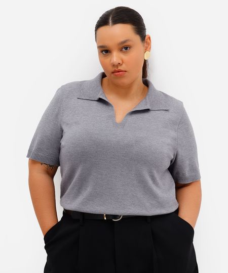 polo feminina de tricot plus size cinza GG1