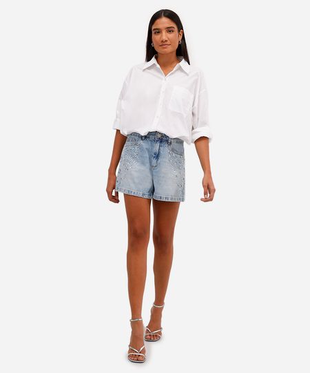 short mom feminino jeans com brilhos azul 36