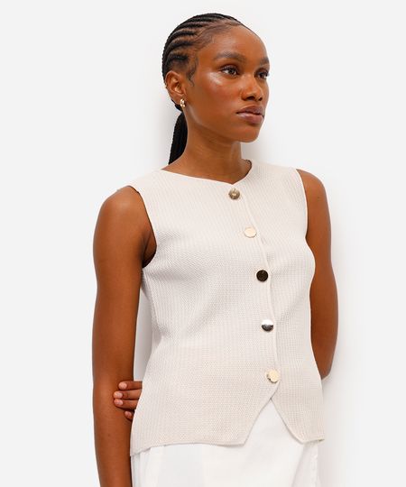colete feminino de tricot texturizado bege GG colete feminino de tricot texturizado bege GG