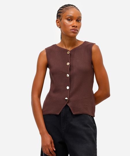 colete feminino de tricot texturizado marrom GG colete feminino de tricot texturizado marrom GG