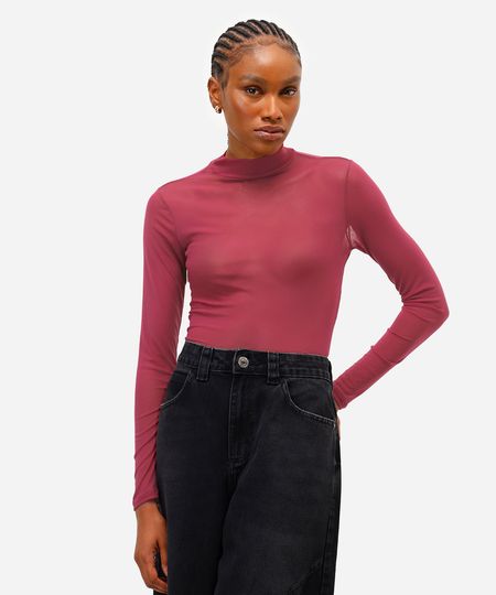 blusa feminina de tule gola alta manga longa vinho G blusa feminina de tule gola alta manga longa vinho G