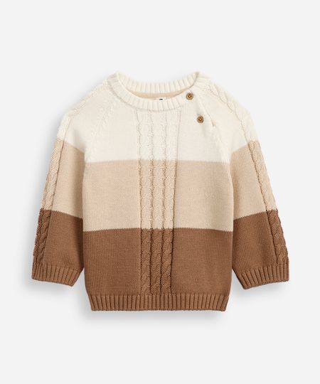 suéter de tricot infantil texturizado e listrado bege 9-12 suéter de tricot infantil texturizado e listrado bege 9-12