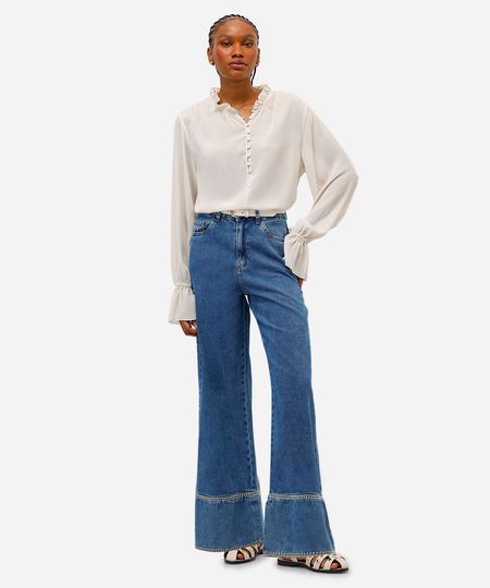 calça wide leg feminina jeans com bordados azul 36