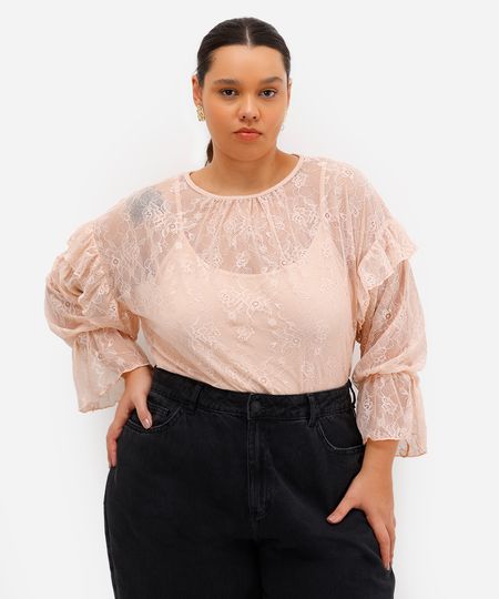 blusa feminina de renda floral com babado plus size rosa GG2 blusa feminina de renda floral com babado plus size rosa GG2