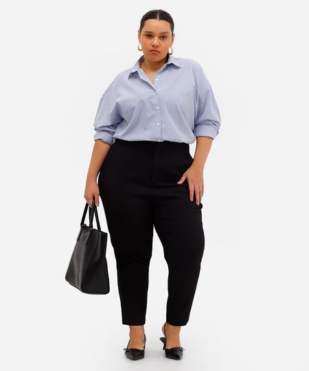 calça de alfaiataria feminina com pregas plus size preta 56