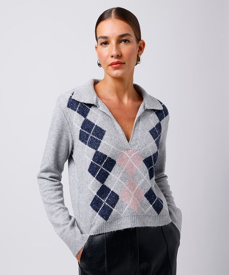 suéter feminino de tricot gola clássica xadrez mindset cinza P