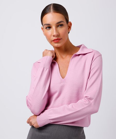 polo feminina de tricot gola v manga longa mindset rosa P