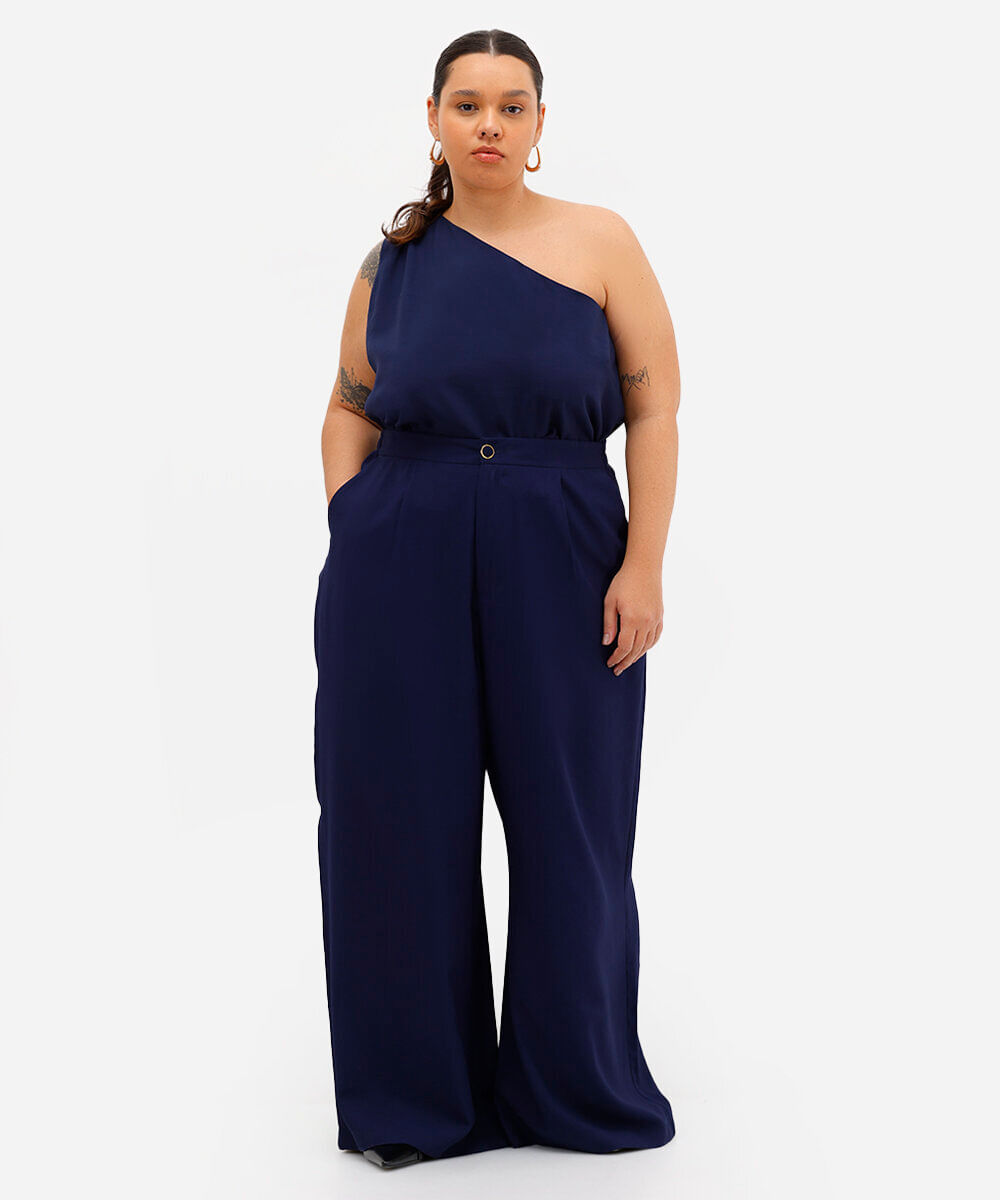 calça de alfaiataria feminina com pregas plus size azul