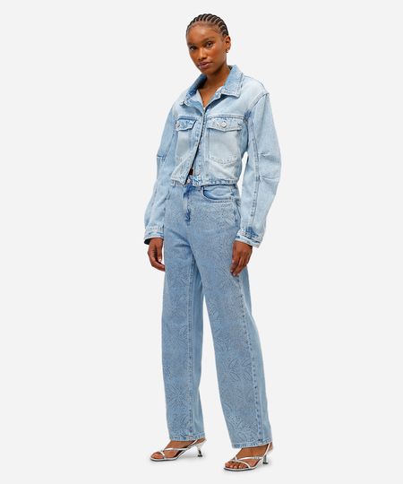 calça wide leg feminina jeans com brilhos azul 42